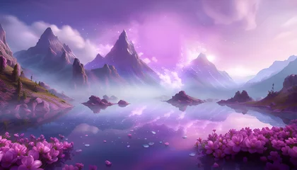 Keuken foto achterwand Pruim Atmospheric painting of a mountain landscape on the edge of a lake in pink morning light. Plants with many pink flowers grow on the edge of the lake  