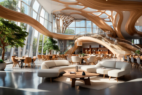 business architecture building with flexible workspaces, open meeting areas