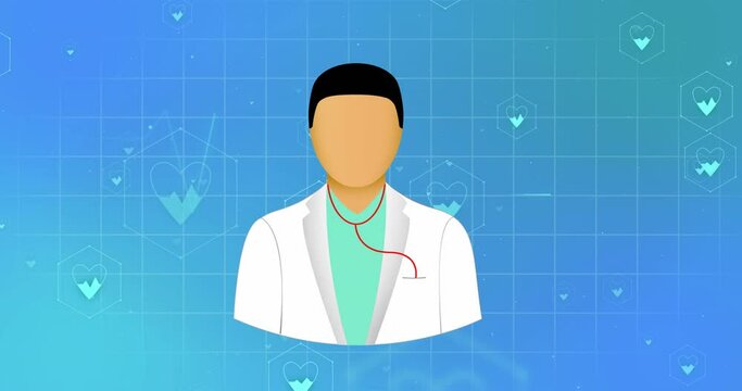 Animation of medical icons with doctor icon on blue background
