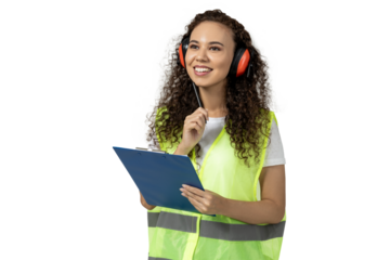A girl in noise-absorbing headphones and a folder, isolated on white background