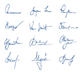 Autographs collection. Doodle handwritten letters, sketchy signatures and certificates signs, variety of hand drawn symbols. Vector set. Elegant blue ink name writing for business agreement