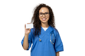 A girl in a blue nurse's uniform with a blank sheet of paper, isolated on white background