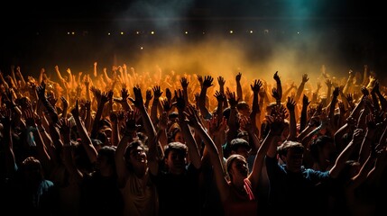 People raising their hands at a music concert in the crowd - obrazy, fototapety, plakaty