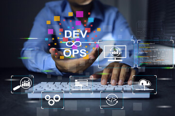 devops engineer or development operation software developer programmer holding dev and ops icon in...