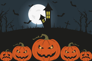 Creepy Halloween banner with cartoon Castle silhouette, moonlight, bat, jack lantern. Design of Halloween poster, card, banner, invitation cover with pumpkin and inscription. Vector illustration.