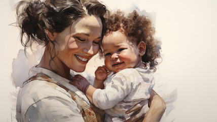 The mother, who is holding the baby and smiling broadly, also smiles broadly. 
AI Generative