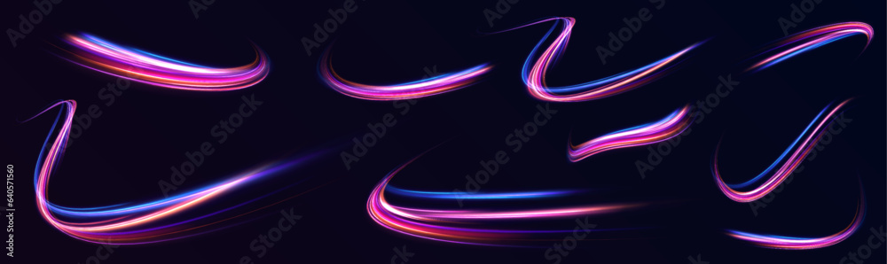 Poster neon swirls in a big set. vector glitter light fire flare trace. futuristic neon light effect. speed