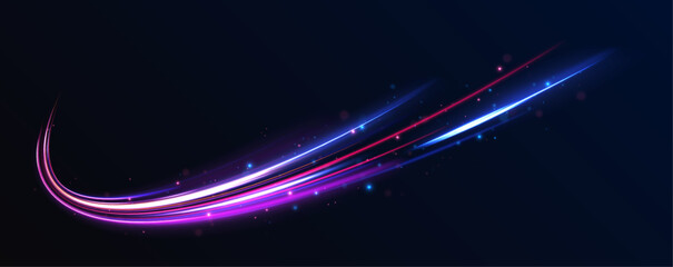 Obraz premium Night motorway with light effects in neon colors purple, blue and red. Dark blue abstract background with ultraviolet neon glow, blurry light lines, waves.