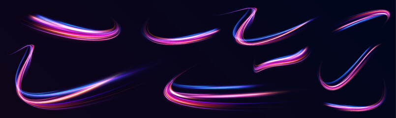 Neon swirls in a big set. Vector glitter light fire flare trace. Futuristic neon light effect. Speed of light concept background.  © ikril