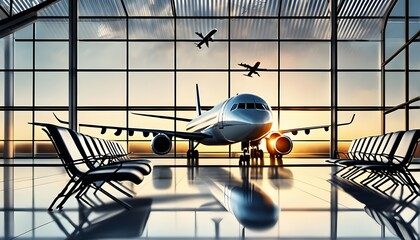 Flughafengebäude von Innen mit Glasfassade und blick auf die Flugzeuge - Illustration mit KI erzeugt