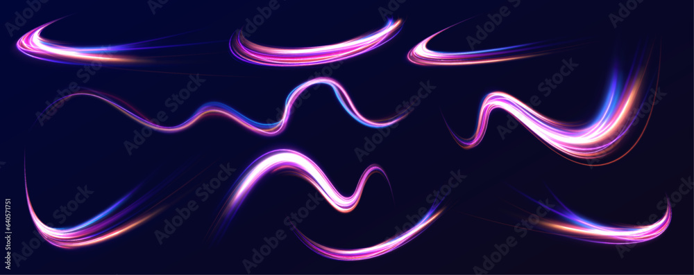 Poster neon swirls in a big set. vector glitter light fire flare trace. futuristic neon light effect. speed