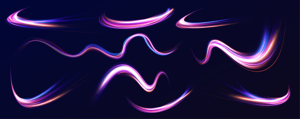 Neon swirls in a big set. Vector glitter light fire flare trace. Futuristic neon light effect. Speed of light concept background.  © ikril