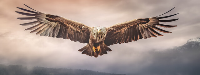 an eagle soars in the sky with outstretched wings, banner
