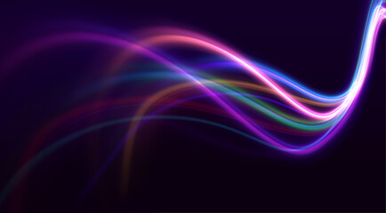 Neon swirls with light effect in the form of a spiral. Laser beams, horizontal light rays. Particle motion effect. Magic of moving fast lines. 