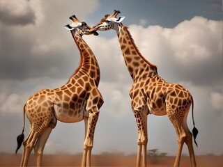 Fototapeta premium Meeting of two giraffes in their natural environment. AI Generated