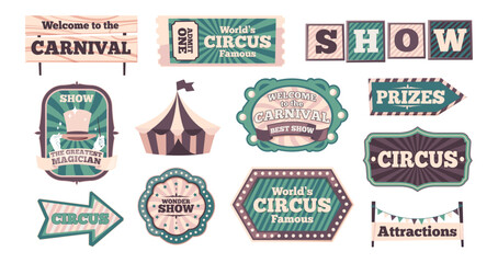 Carnival banners. Retro circus banner templates with comic texture, vintage ribbons for theater event card design. Vector set. Tickt for amusement show, tent sticker, signpost showing way © Frogella.stock