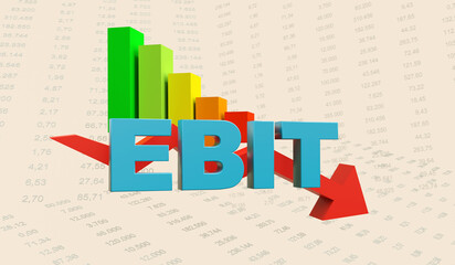 NEgative EBIT (Earnings before interest and taxes) symbol, arrow up. Data sheet, financial figures, falling column digram. Reduction, loss, business, return on investment. 3D illustration
