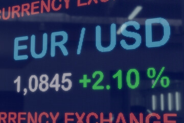 EUR - USD currency exchange rate up. Euro rises against USD.  Currency trading, economy. 3D illustration