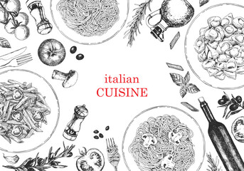 Traditional Italian cuisine. Hand-drawn illustration of Italian traditional dishes and products. Ink. Vector	 - obrazy, fototapety, plakaty