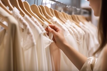 Close up of Female Hands Plucked Hanger Choosing Clothes in a Clothing Store Generative AI. - obrazy, fototapety, plakaty