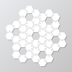 Lazer cutting template. Puzzle pieces grid. Thinking mosaic game with hexagonal jigsaw shapes. Simple scheme with separate details. Business presentation for infographics. Vector illustration.