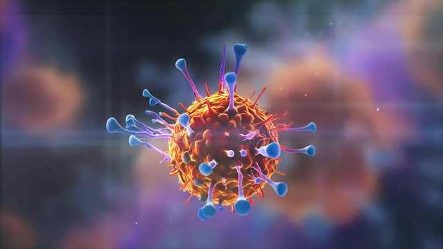 A microscopic view of the SARS-CoV-2 subvariant EG.5.1 Eris,   shown in vivid colors, highlights its uniquely modified spike proteins as they interact with human immune cells 3d rendering