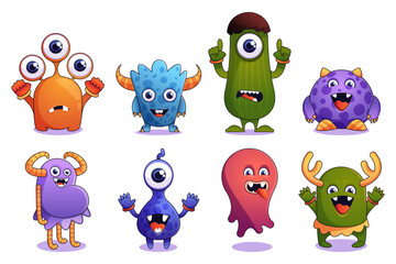Naklejka premium Cute monsters. Cartoon colorful fairy creature with funny eyes and mouth, alien animal mascot characters in flat style. Vector colorful set of animal creature funny illustration