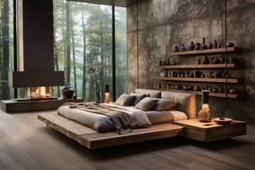 Interior of a modern bedroom with an amazing view in a luxury residential villa..