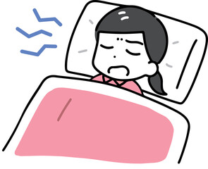 睡眠中にいびきをかくパジャマの若い女性(上半身)
