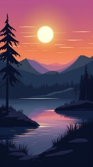 A Flat minimal sunset over the lake and mountains vector illustration background wallpaper