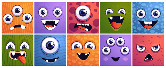 Square monster faces. Cartoon alien and dinosaur faces square banners, funny alien creature mascot with emotion expressions. Vector isolated collection of emoticon funny, cartoon emotion illustration © Frogella.stock