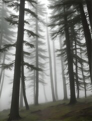 High spruce forest and fog above it. AI Genered