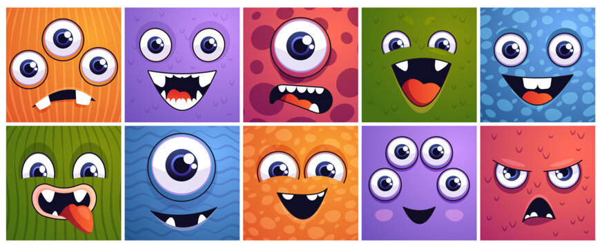 Square monster faces. Cartoon alien and dinosaur faces square banners, funny alien creature mascot with emotion expressions. Vector isolated collection of emoticon funny, cartoon emotion illustration