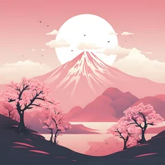 Deurstickers Pink sunrise over the sakura japan sunset snow in winter flat minimal landscape background wallpaper © Ruwan