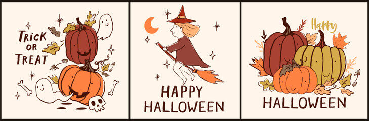 Vector set of Halloween party invitations, poster design or greeting cards. Set with happy ghosts, witch on a broomstick and bones.