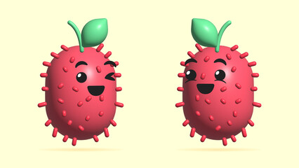 3D Realistic Digital Illustration of Rambutan cartoon character. Concept art of a happy Rambutan smiley face icon. Healthy food emoji of Rambutan. Fresh ripe Rambutan Fruit.