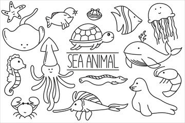 Hand drawn set of sea animal doodle icons. tropical fauna. fish stingray turtle starfish shell jellyfish shark whale shrimp eel seals crab seahorses squid