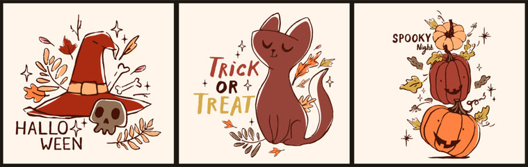 Vector set of Halloween party invitations, poster design or greeting cards. Set with cutest pumpkins, witch hat, cat and autumn leaves