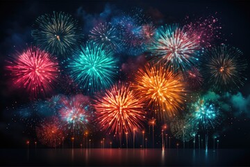 Fototapeta na wymiar A vibrant New Year-themed background image capturing the dazzling fireworks lighting up the night sky with an array of colorful bursts of light. Photorealistic illustration, Generative AI