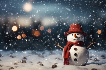 Fototapeta premium A creative background image capturing a snowy Christmas night scene with a charming snowman wearing a cheerful red scarf and hat. Photorealistic illustration, Generative AI