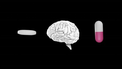 Animation of floating pills and brain on black background - Powered by Adobe