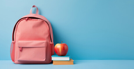 Pink school backpack with books and an apple on a blue background - Powered by Adobe