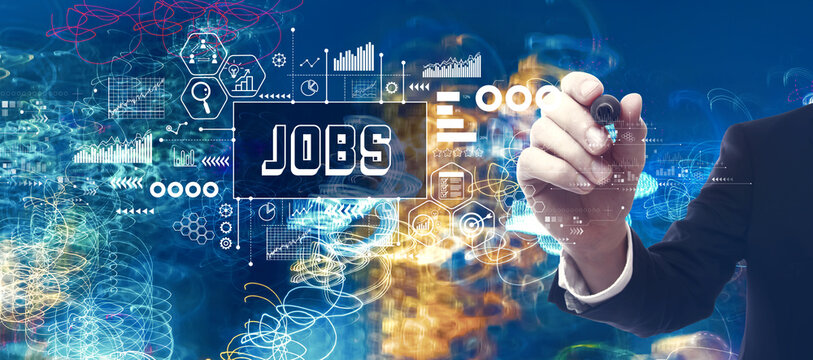 Job theme with businessman in a bokeh neon light trails city night background