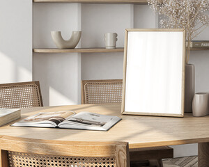 Single vertical ISO A3 frame mockup, reflective glass, mockup poster on the table of dinning room. Interior mockup. Apartment background. Modern Japandi interior design. 3D render