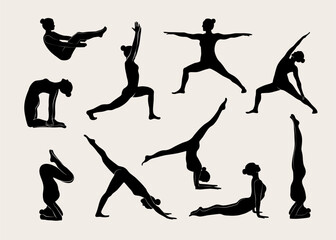 Women doing Yoga, Pilates set. Slim girl doing yoga. Hand drawn black silhouettes Vector illustration. Warrior pose, boat pose, downward facing dog pose. Health care and lifestyle concept. Female yoga