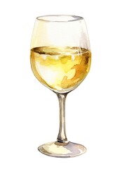 Glass of white wine watercolor illustration - Generative AI.