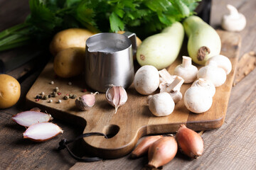 soup ingredients on wooden table