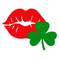 Día de San Patricio. Beso irlandés. Logo con silueta de labios de mujer con shamrock de 3 hojas	