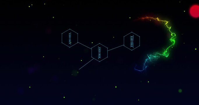 Animation of rainbow flares and medical icons and data processing on black background