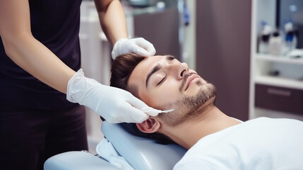 Obraz na płótnie Canvas Men getting lifting therapy to stimulate facial health, rejuvenating facial treatment, and therapy massage in a beauty SPA salon, exfoliation, rejuvenation and hydration, cosmetology